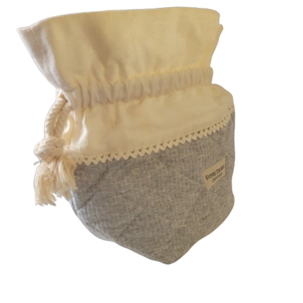 Sylvie Thiriez Creations Two‑Tone Drawstring Tote Bag Rope Pull Grey Beige OS - Picture 12 of 15